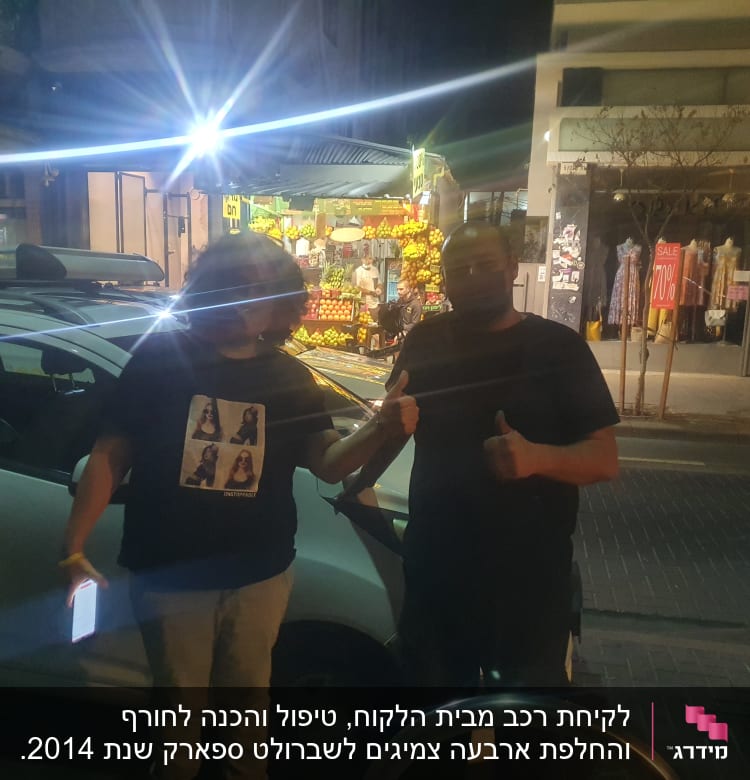 שני אנשים עומדים ליד רכב בלילה עם פנסי רחוב